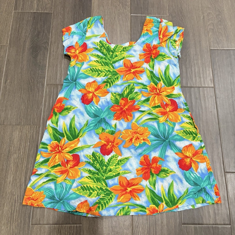 Vintage Jams World Women's L Floral Tropical Tunic Top Back Drawstring Hawaiian